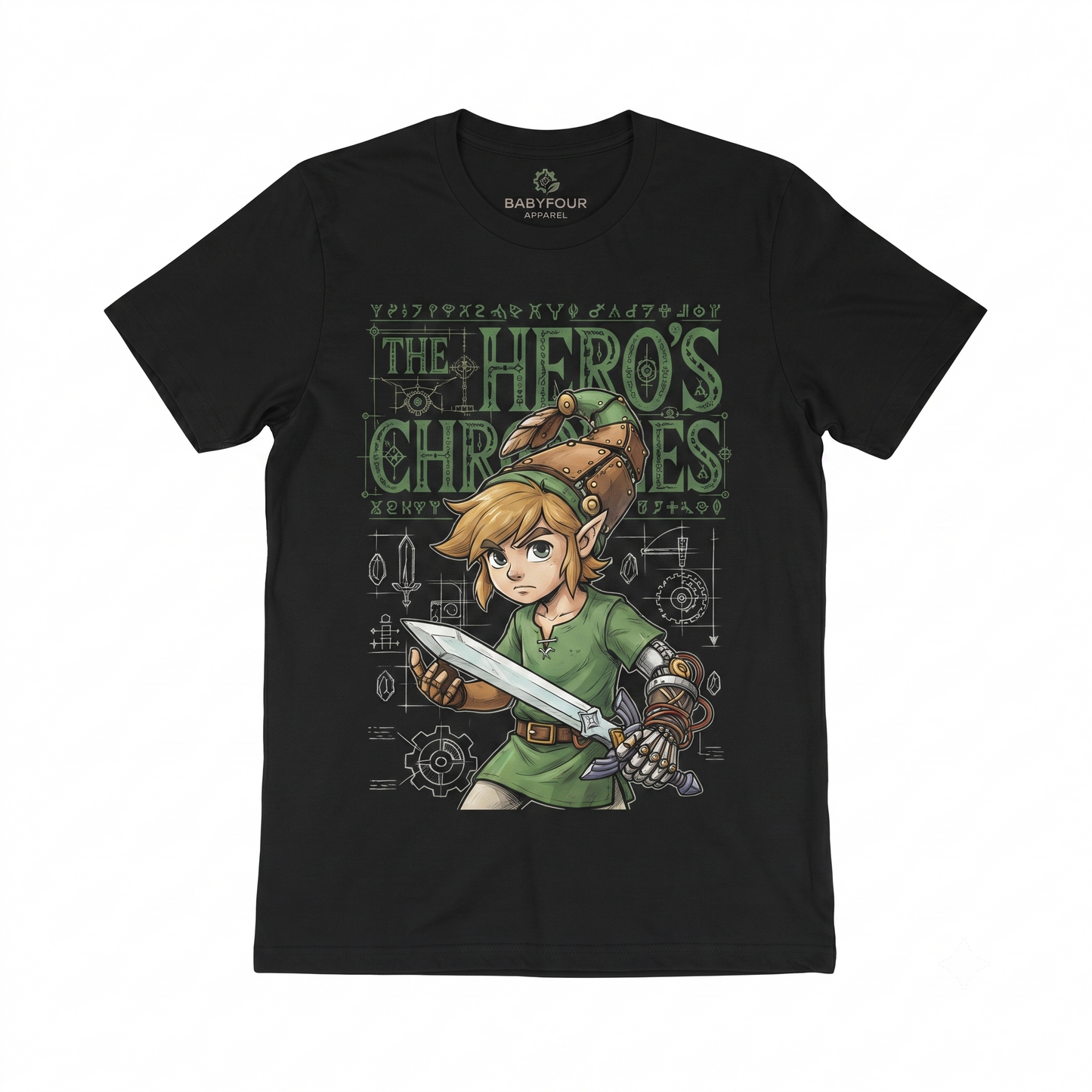 Retro Video Game Graphic Tee - Green Elf Boy with Sword and Shield T-Shirt - Black