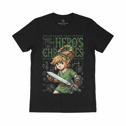 Retro Video Game Graphic Tee - Green Elf Boy with Sword and Shield T-Shirt - Black