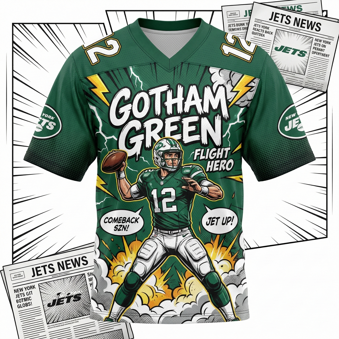 Men's Gotham Green Flight Hero AOP Football Jersey - Comic Style Gridiron Shirt