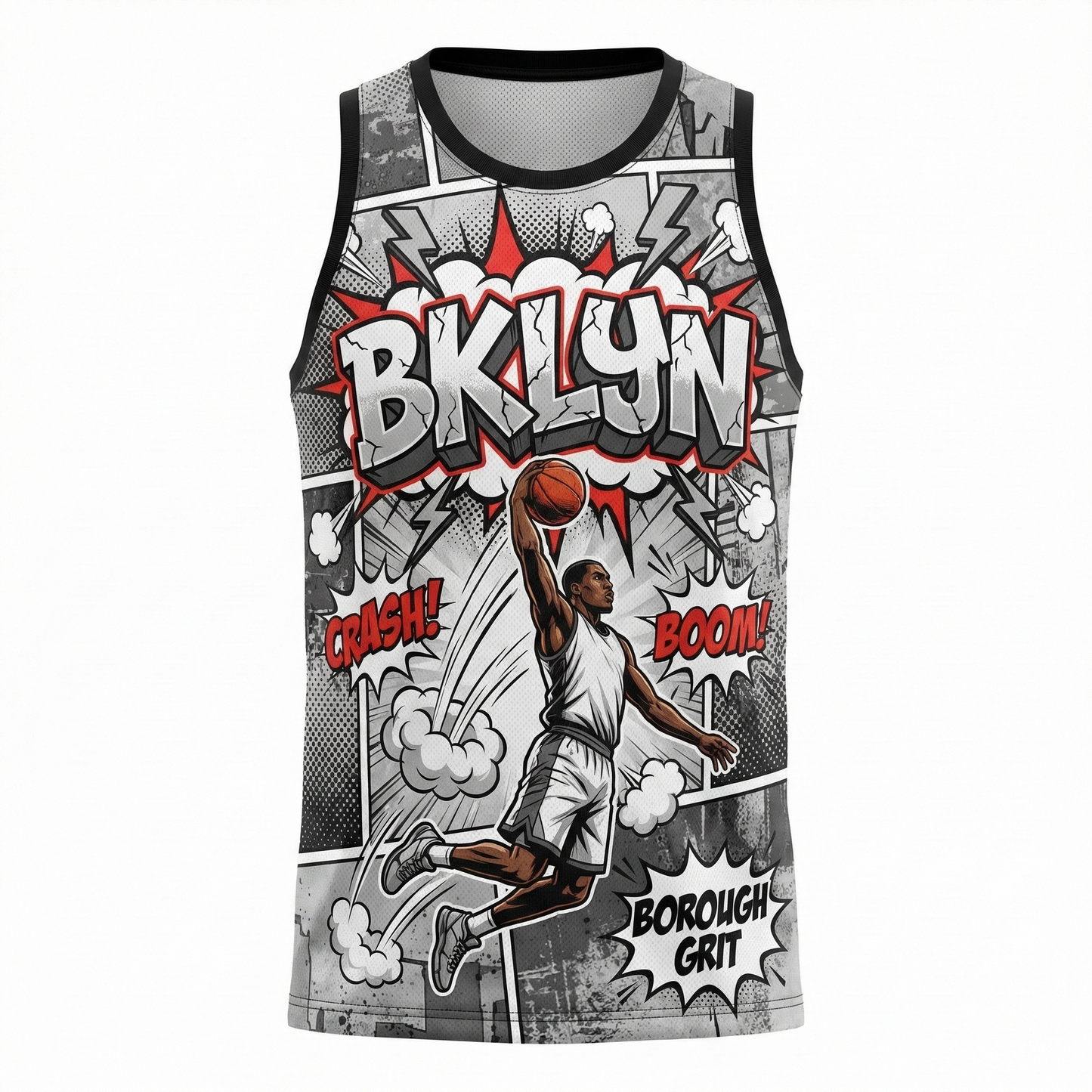 Custom BKLYN Basketball Jersey - "Borough Grit" Comic Art AOP - Black/White Streetwear Tank Top - Fan Edition Gear