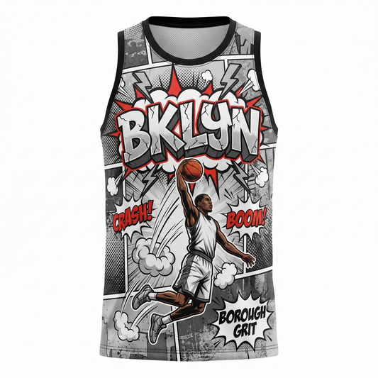 Custom BKLYN Basketball Jersey - "Borough Grit" Comic Art AOP - Black/White Streetwear Tank Top - Fan Edition Gear