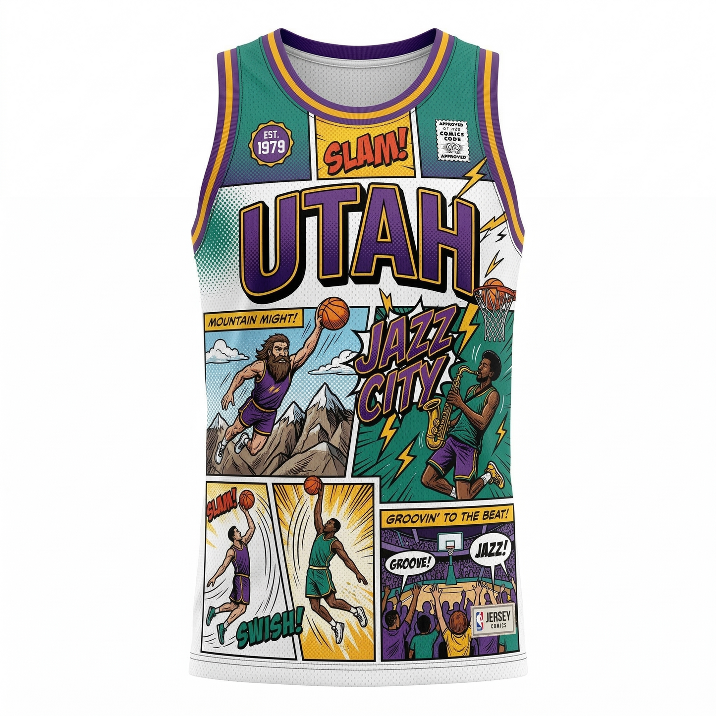 Utah Basketball Heritage Comic Book AOP Jersey Unisex | Mountains & Rhythms Print Sleeveless Fan Gear
