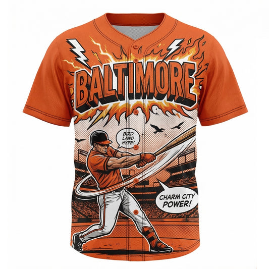 Vintage Baltimore Baseball Button-Up Jersey - Charm City Heritage Comic Art Style - 90s Bootleg Streetwear Baseball Shirt