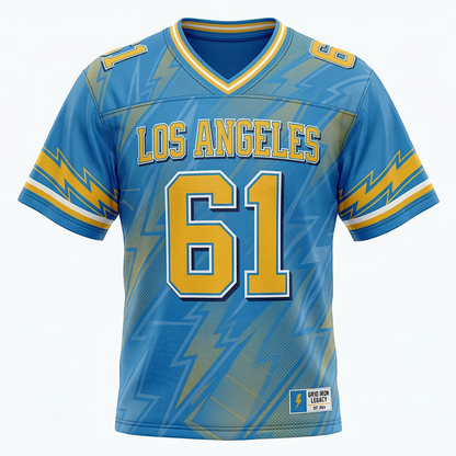 Premium Unisex SoCal Electric Football Jersey - Powder Blue & Gold Gridiron Heritage AOP Shirt