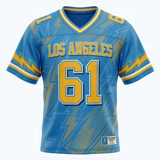 Premium Unisex SoCal Electric Football Jersey - Powder Blue & Gold Gridiron Heritage AOP Shirt