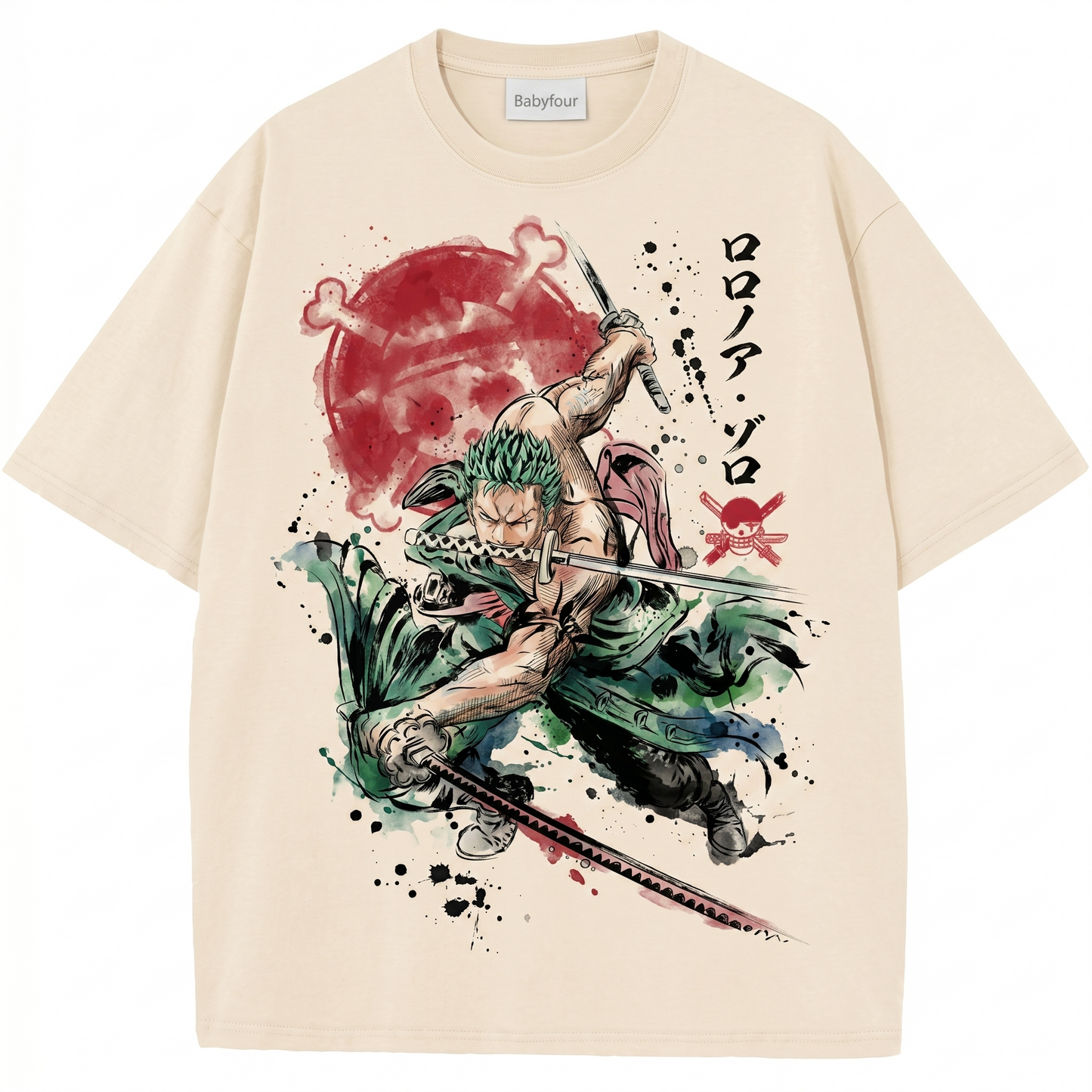 Anime Green Hair Swordsman Three-Sword Style Funny Chibi Graphic Tee Vintage Retro Unisex T-shirt