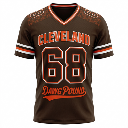 Cleveland Football Heritage AOP Fan Jersey - Men's & Women's V-Neck Orange Brown Gameday Shirt