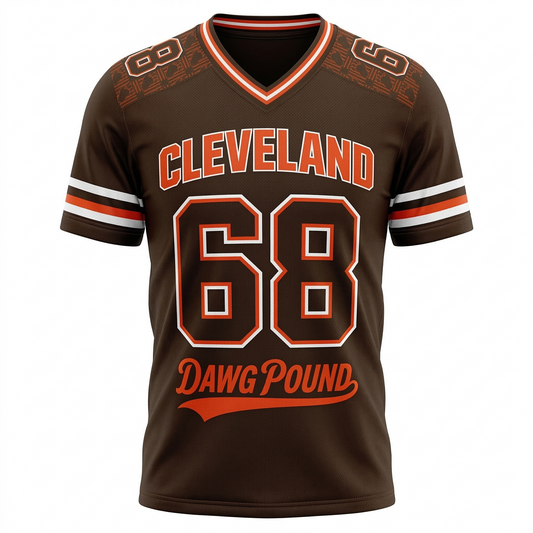 Cleveland Football Heritage AOP Fan Jersey - Men's & Women's V-Neck Orange Brown Gameday Shirt