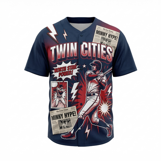 Unisex Twin Cities Vintage Comic Baseball Jersey - Minny Retro 90s Streetwear Button-Up AOP Shirt