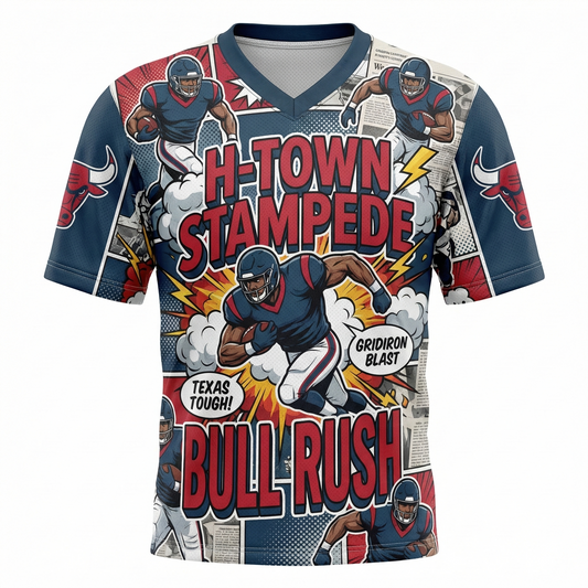 H-Town Gridiron Football Vintage Comic Style All-Over Print Jersey, Battle Red & Deep Blue Graphic Shirt