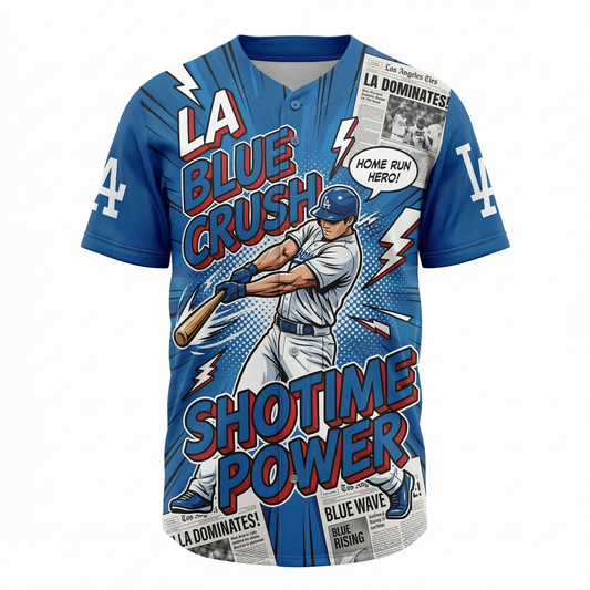 Unisex LA Blue Baseball Jersey AOP - Dynamic Comic Style "Shotime" Graphic Button-Down Shirt