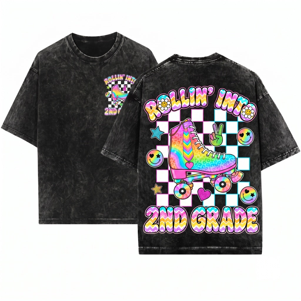 Personalized Retro Roller Skate Grade Name Colorful Checkerboard Back To School Unisex Wash T-Shirt