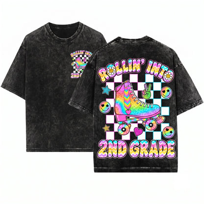 Personalized Retro Roller Skate Grade Name Colorful Checkerboard Back To School Unisex Wash T-Shirt