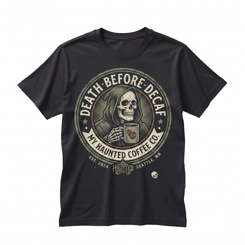 Death Before Decaf Funny Skeleton Coffee Lover Gift Spooky Goth Reaper Apparel Unisex TShirt