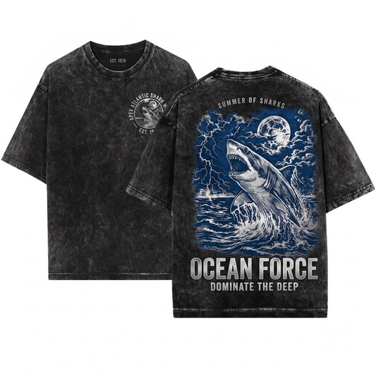 Vintage Shark Attack Graphic Ocean Predator Marine Life Dark Sea Horror Aesthetic Gift Unisex Wash T-Shirt