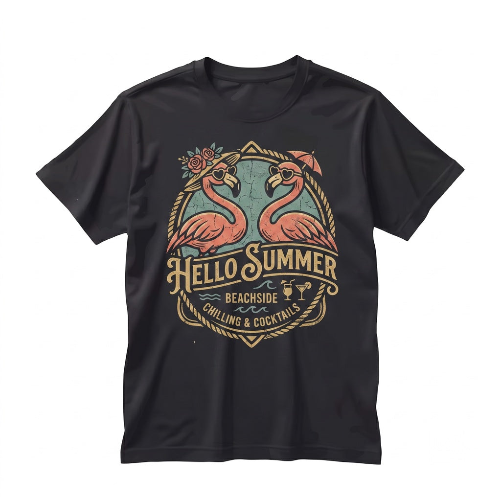 Cute Flamingo Beach Vacation Outfit, Hello Summer Graphic Apparel for Women, Unisex TShirt