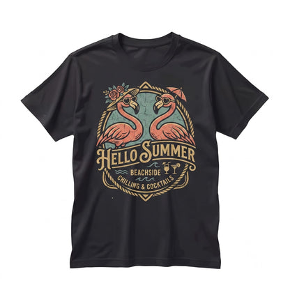 Cute Flamingo Beach Vacation Outfit, Hello Summer Graphic Apparel for Women, Unisex TShirt