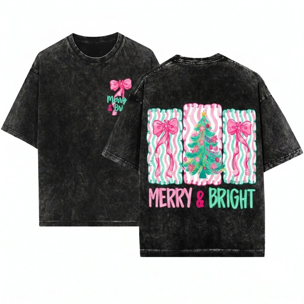 Floral Preppy Christmas Tree Bow Merry & Bright Pink Blue Coquette Holiday Graphic Digital PNG Unisex Wash T-Shirt