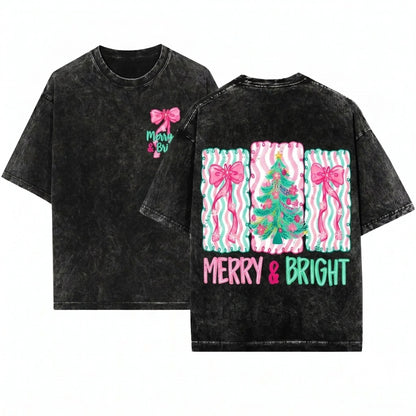 Floral Preppy Christmas Tree Bow Merry & Bright Pink Blue Coquette Holiday Graphic Digital PNG Unisex Wash T-Shirt