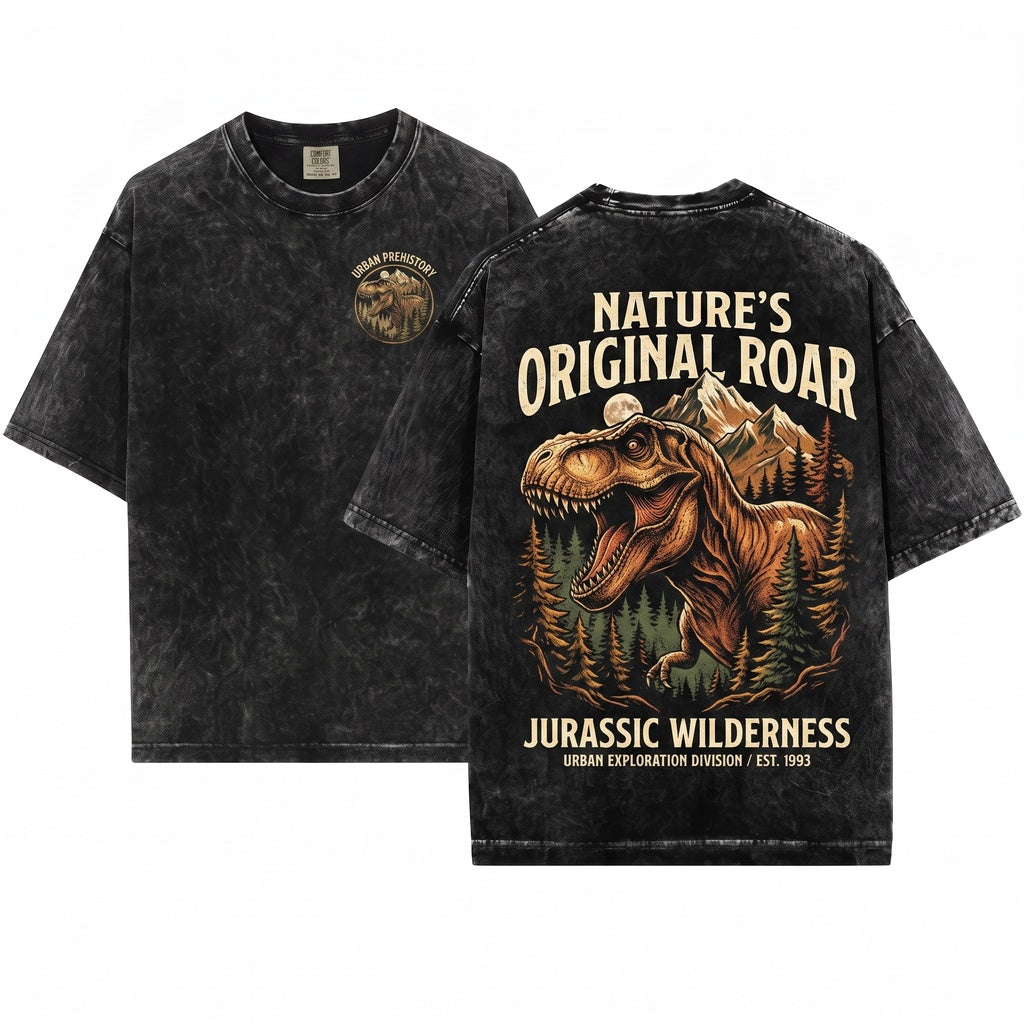 Retro Tyrannosaurus Rex Prehistoric Forest Mountain Graphic Gift Unisex Wash T-Shirt