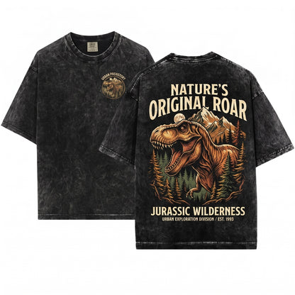 Retro Tyrannosaurus Rex Prehistoric Forest Mountain Graphic Gift Unisex Wash T-Shirt