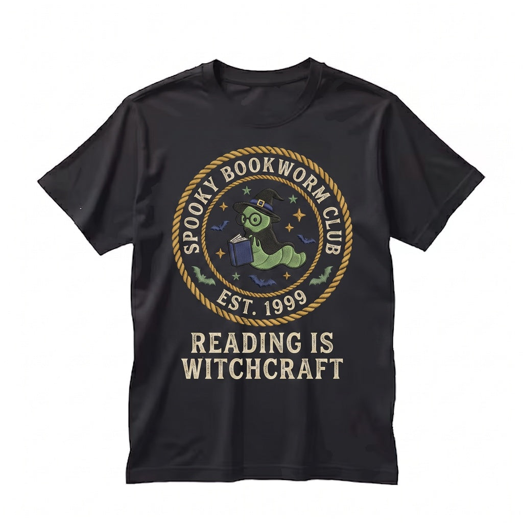 Spooky Halloween Bookworm Embroidered Literary Reader Novel Top Unisex TShirt