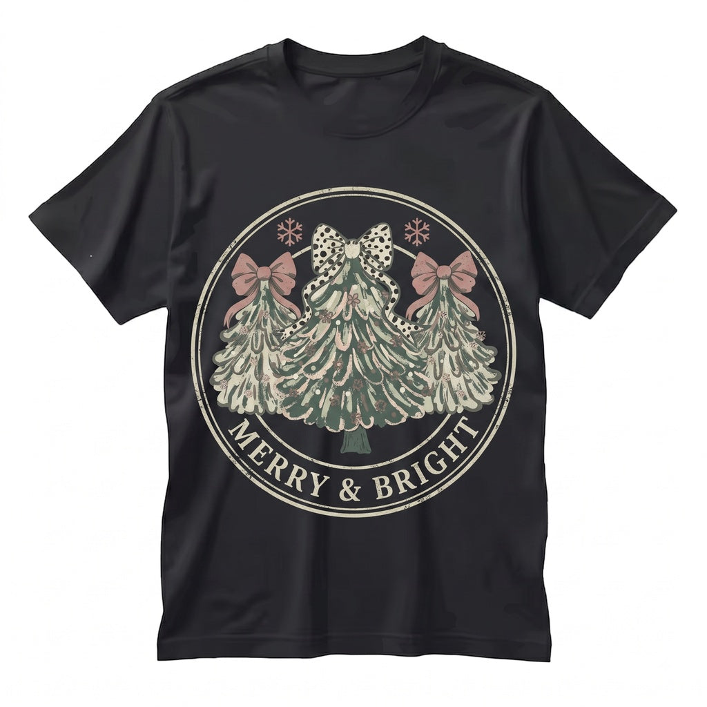 Pink Merry & Bright Xmas Tree Festive Bow Lights Cute Jolly Holiday Christmas Unisex TShirt