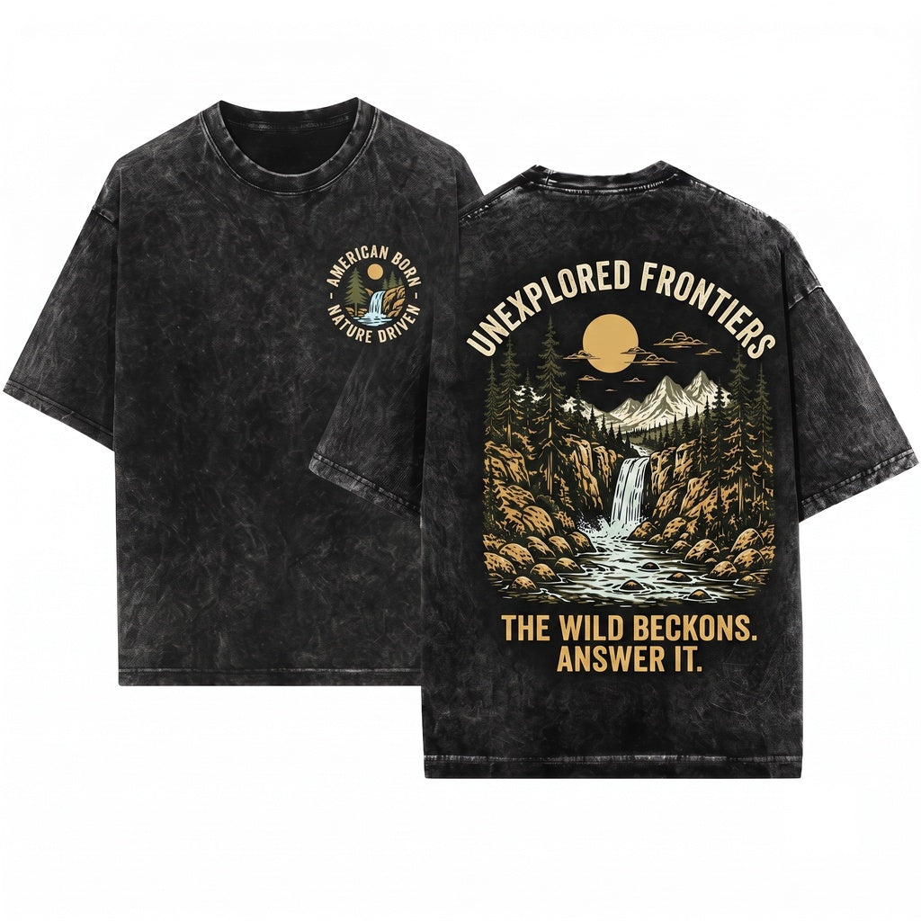 Vintage Mountain Waterfall Rustic Forest River Landscape Outdoor Nature Adventure Hiking Gift Unisex Wash T-Shirt