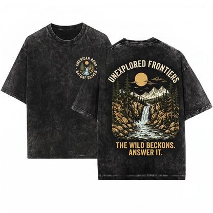Vintage Mountain Waterfall Rustic Forest River Landscape Outdoor Nature Adventure Hiking Gift Unisex Wash T-Shirt