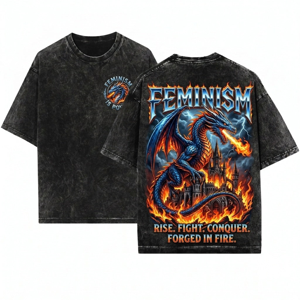 Feminism Dragon Gothic Fantasy Castle Graphic Retro Vintage Acid Wash Metal Aesthetic Empowerment Unisex T-Shirt
