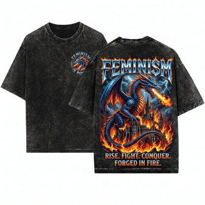 Feminism Dragon Gothic Fantasy Castle Graphic Retro Vintage Acid Wash Metal Aesthetic Empowerment Unisex T-Shirt