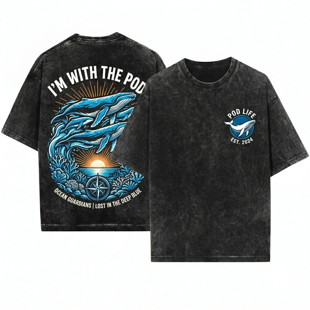 Im With The Pod Embroidered Orca Whale PNW Ocean Lover Seattle Washington Puget Sound 1717 Unisex Wash T-Shirt