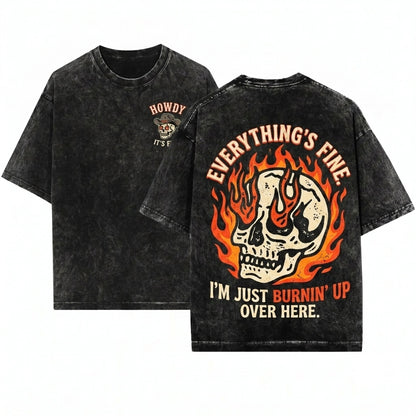 Everythings Fine Boxy Cropped Retro Grunge Flaming Skull Boho Hippie Festival Unisex Wash T-Shirt