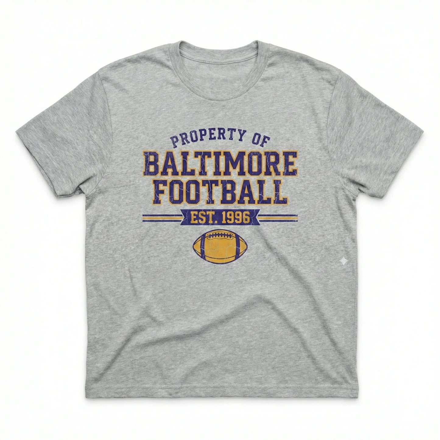 Gray t-shirt with 'Property of Baltimore Football Est. 1996' and football graphic