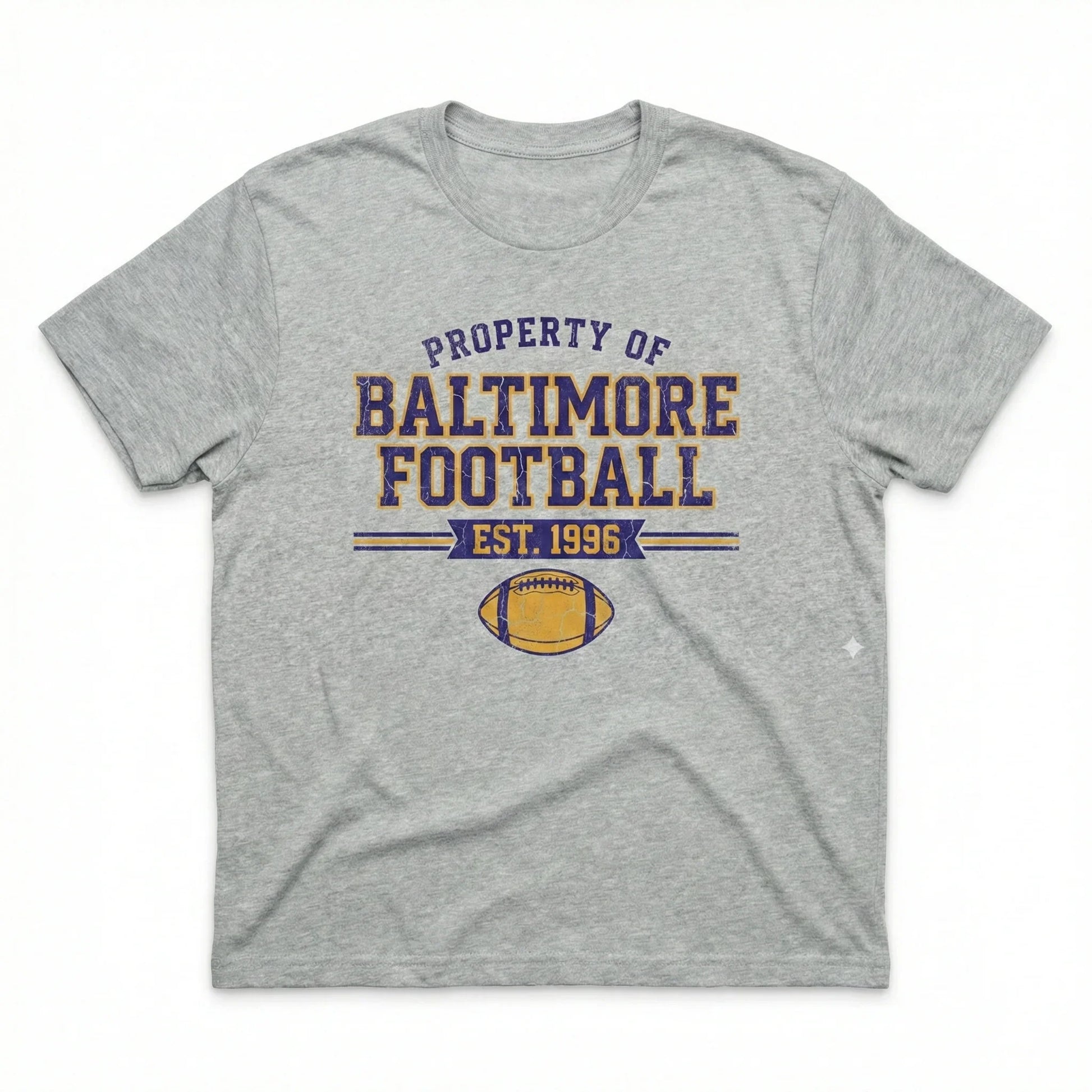 Gray t-shirt with 'Property of Baltimore Football Est. 1996' and football graphic