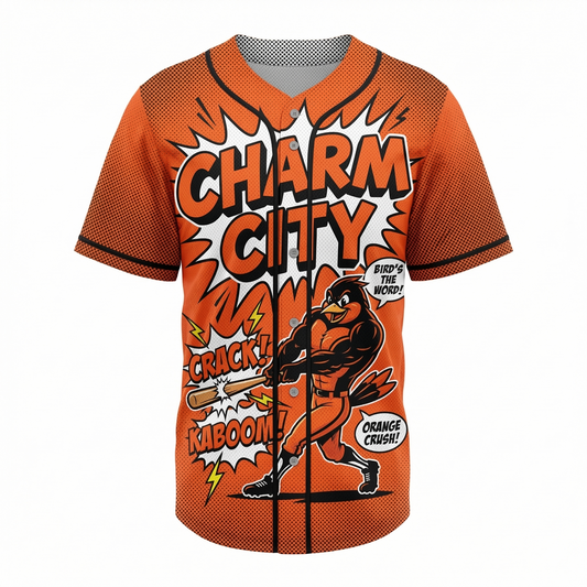 Charm City Baseball Comic Art Button-Up Jersey - Retro Orange & Black Satirical Fan Apparel
