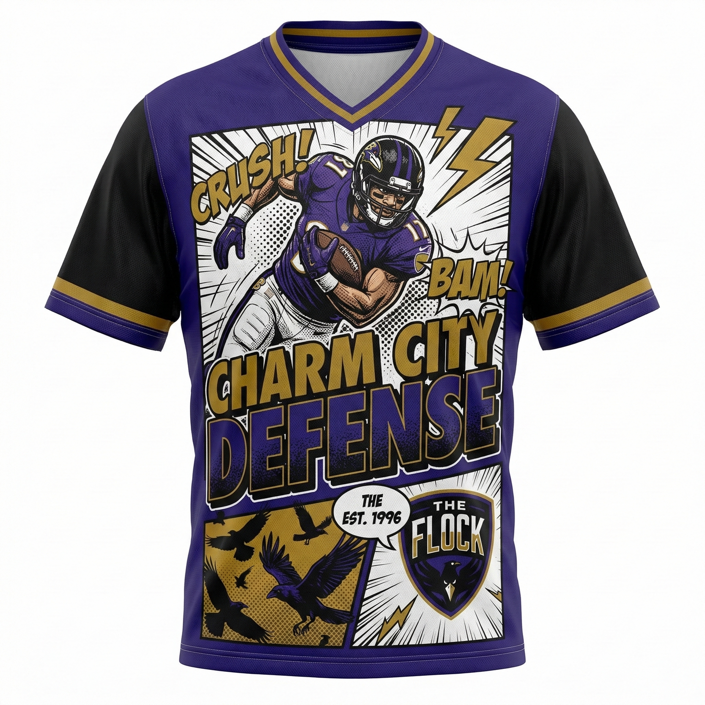 Men's Charm City Gridiron Legend Comic Style AOP Football Jersey - Purple & Black Game Day Streetwear