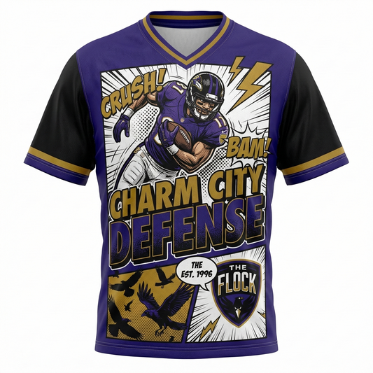 Men's Charm City Gridiron Legend Comic Style AOP Football Jersey - Purple & Black Game Day Streetwear