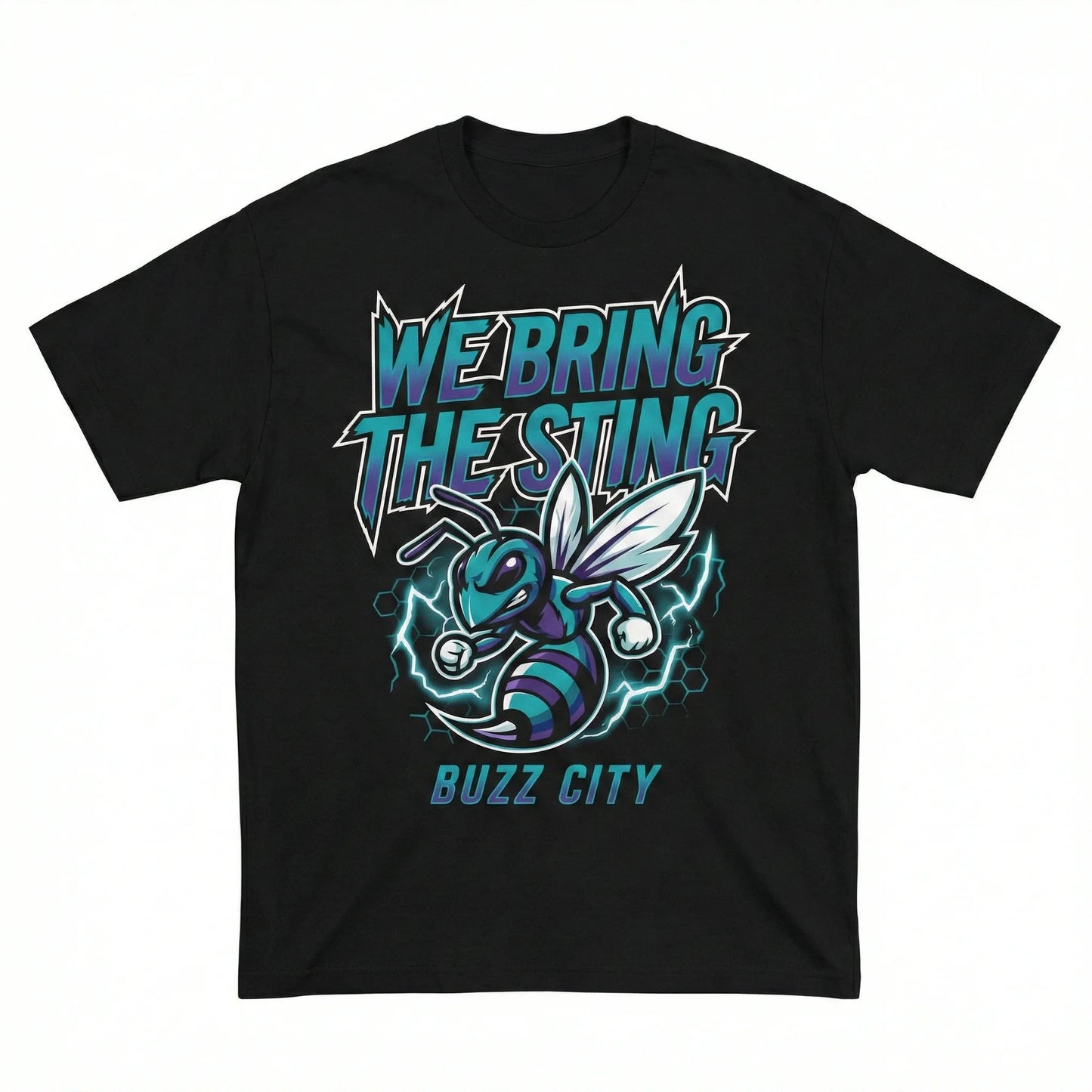 Black t-shirt with cartoon hornet, lightning, and 'WE BRING THE STING BUZZ CITY' text design