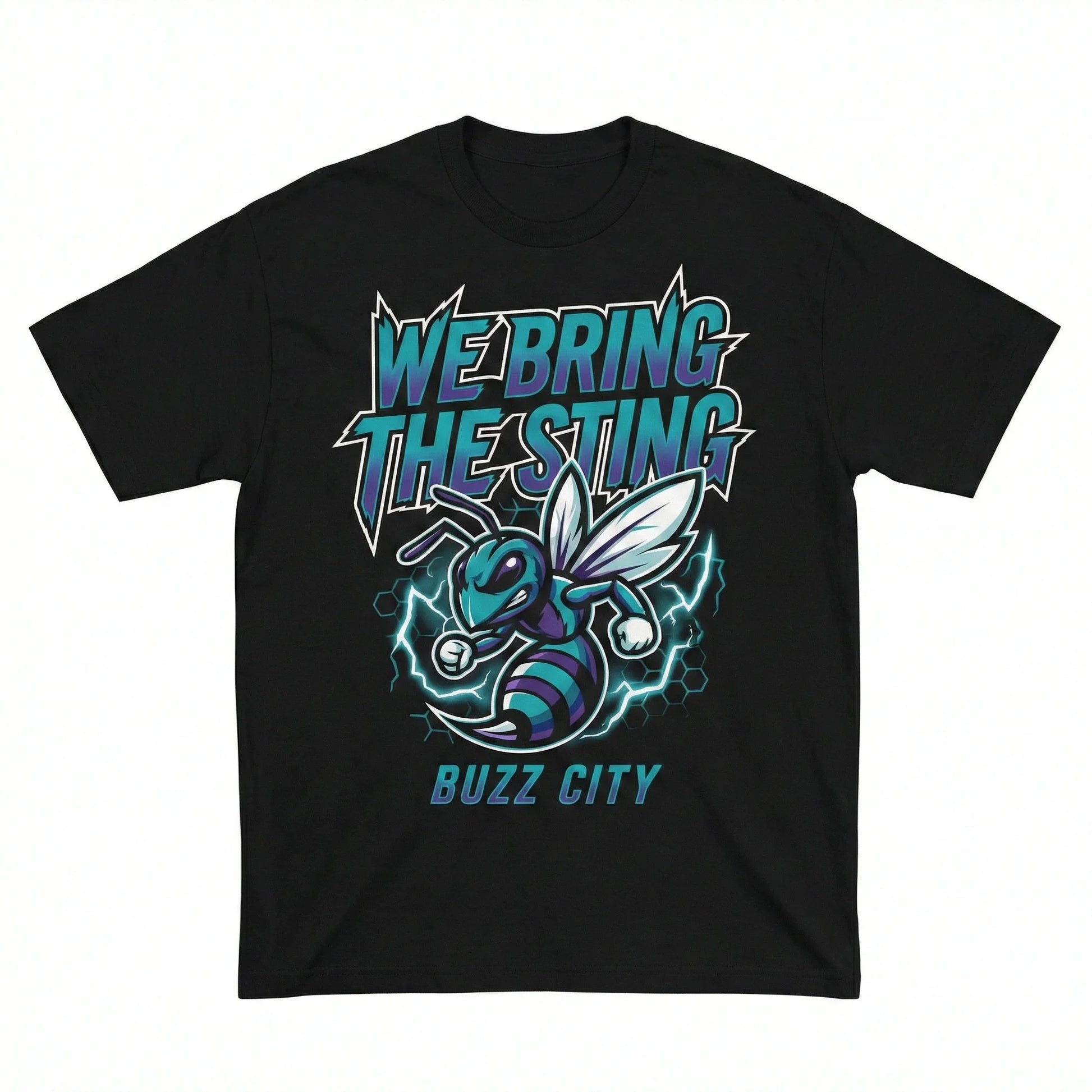 Black t-shirt with cartoon hornet, lightning, and 'WE BRING THE STING BUZZ CITY' text design