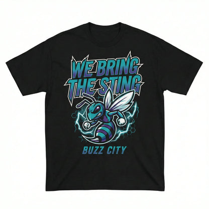 Black t-shirt with cartoon hornet, lightning, and 'WE BRING THE STING BUZZ CITY' text design