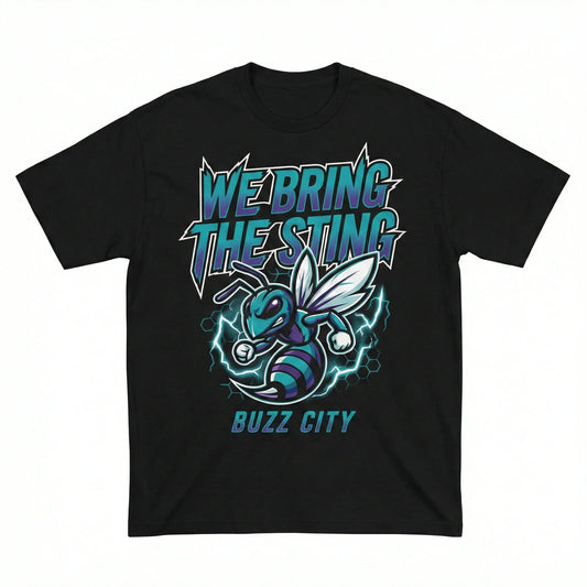 Black t-shirt with cartoon hornet, lightning, and 'WE BRING THE STING BUZZ CITY' text design