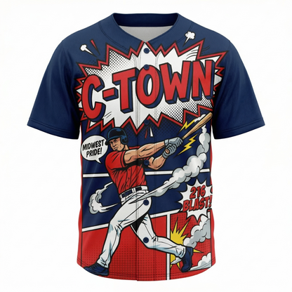 C-Town Midwest Baseball Heritage Unisex AOP Button-Up Jersey | Retro Comic Style Navy & Red Shirt