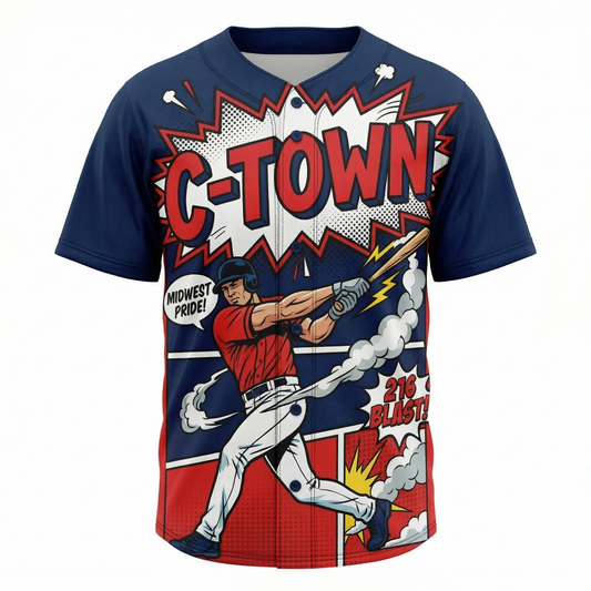 C-Town Midwest Baseball Heritage Unisex AOP Button-Up Jersey | Retro Comic Style Navy & Red Shirt