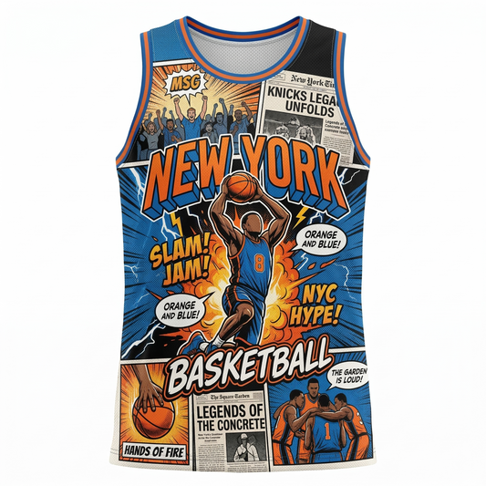 Unisex New York City Hoops Comic Pop Art Basketball Jersey Tank Top - Orange & Blue
