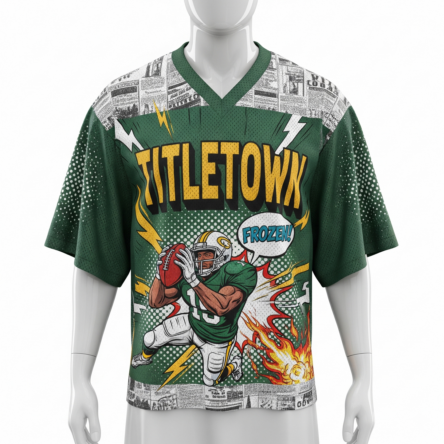 Vintage Titletown Green and Gold Football Jersey - 90s Comic Style Retro Graphic AOP