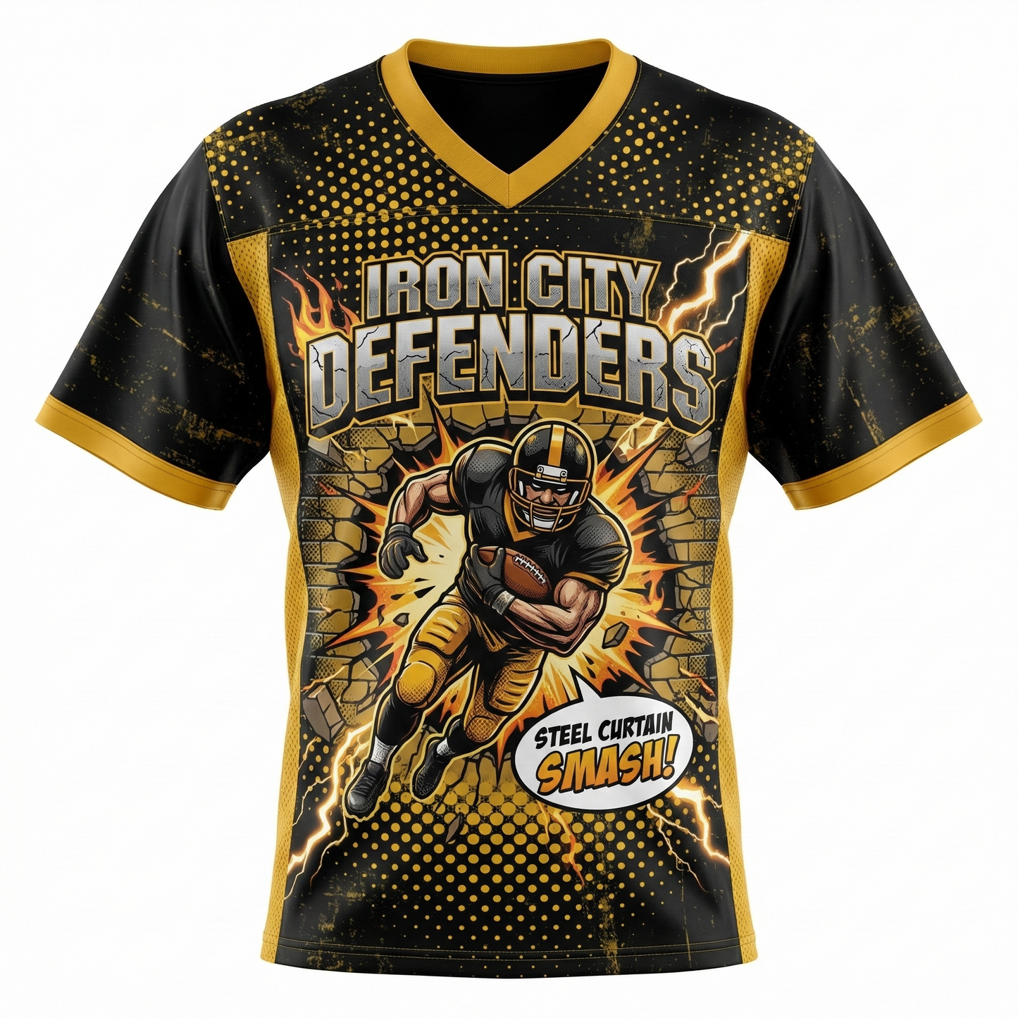 Steel City Comic Smash AOP Football Jersey | Black and Gold 90s Bootleg Gridiron Fan Gear