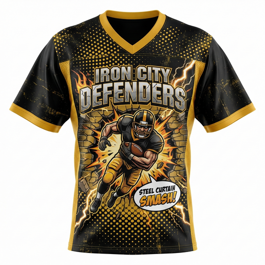Steel City Comic Smash AOP Football Jersey | Black and Gold 90s Bootleg Gridiron Fan Gear