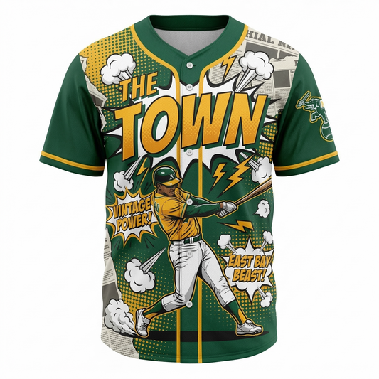 Unisex Oakland Baseball Comic Art Jersey - Green & Gold Town Heritage Vintage AOP Button-Up Shirt