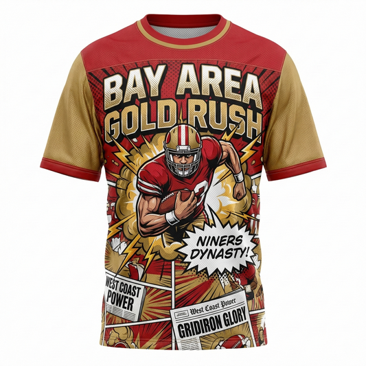 San Fran Gold Rush Comic Vibe Football Jersey | Bay Area Red & Gold AOP Gridiron Shirt | 90s Bootleg Streetwear